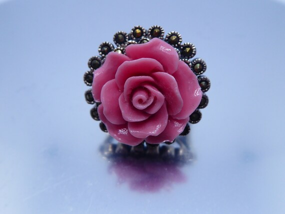 Pretty Solid Silver Marcasite Pink Rose Flower Ri… - image 7
