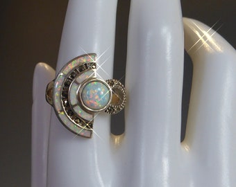 Silver Opal & Marcasite set Art Deco Styled Ring