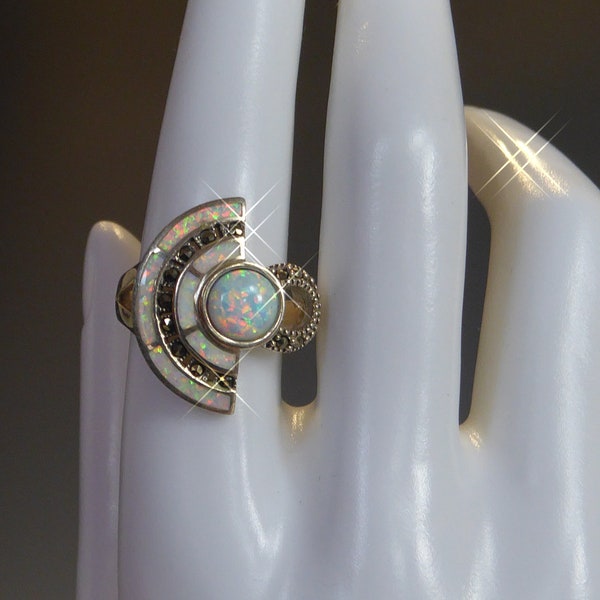 Silver Opal & Marcasite set Art Deco Styled Ring