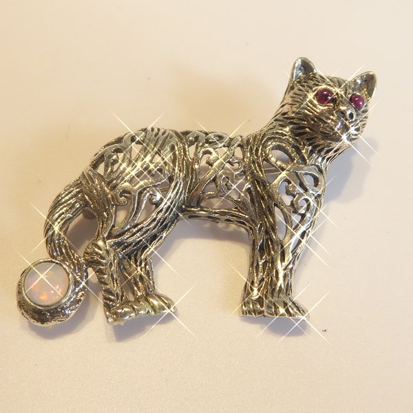 Fine Silver Filigree Cat Brooch set with Opal and Ruby