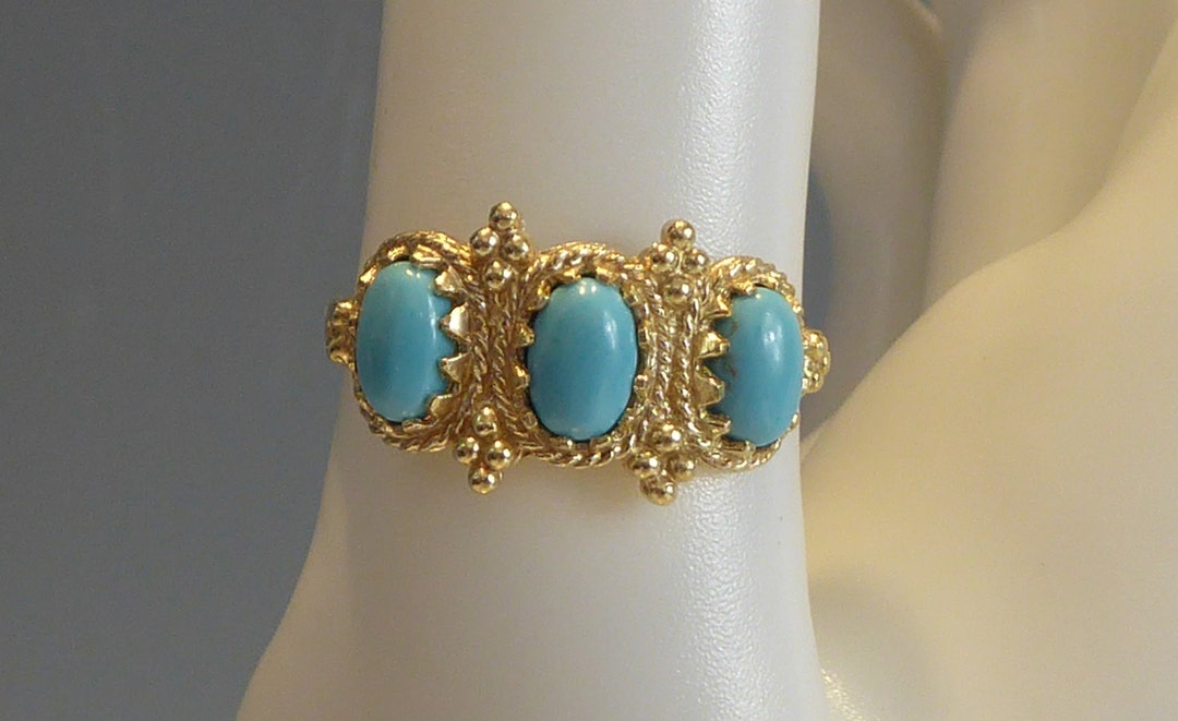 9ct Gold Victorian Styled Three Turquoise Stone Ring, Trilogy Ring - Etsy
