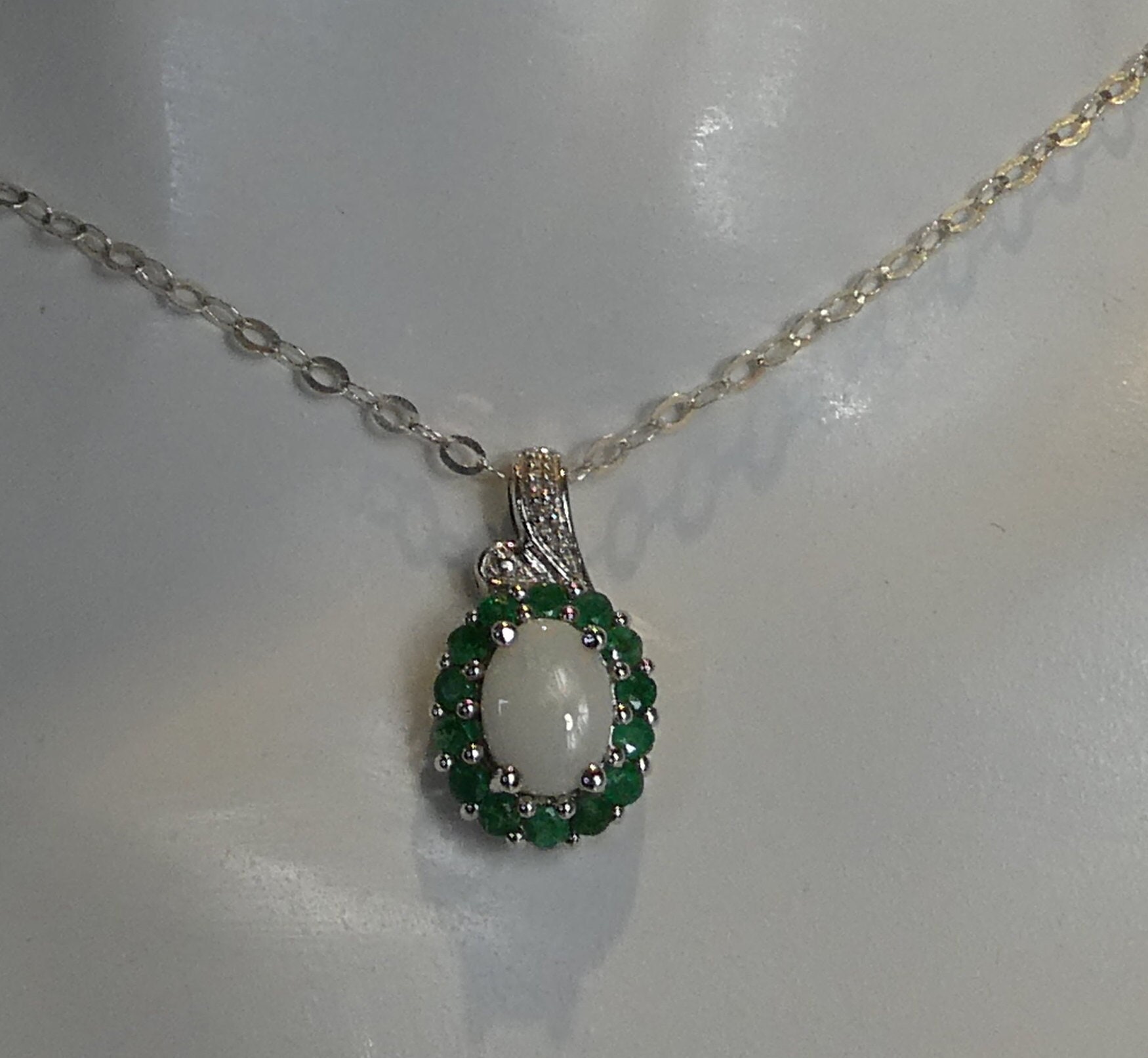 Fine Silver Real Opal, Emerald & Diamond Pendant on Silver Chain