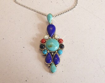 Pendentif Et Chaîne En Argent Avec Grenat Et Turquoise - Style Vintage Perle