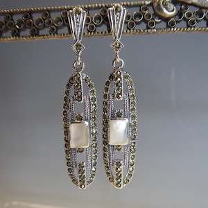 Silver Marcasite & Mother of Pearl Art Deco Style Earrings
