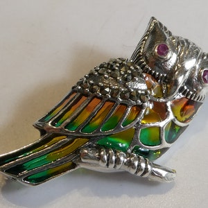 Solid Silver Plique A Jour Enamel Ruby Owl Brooch