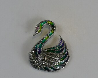Broche Ancienne Cygne En Alliage Avec Marcassites - Bijou Vintage - France - Occasion