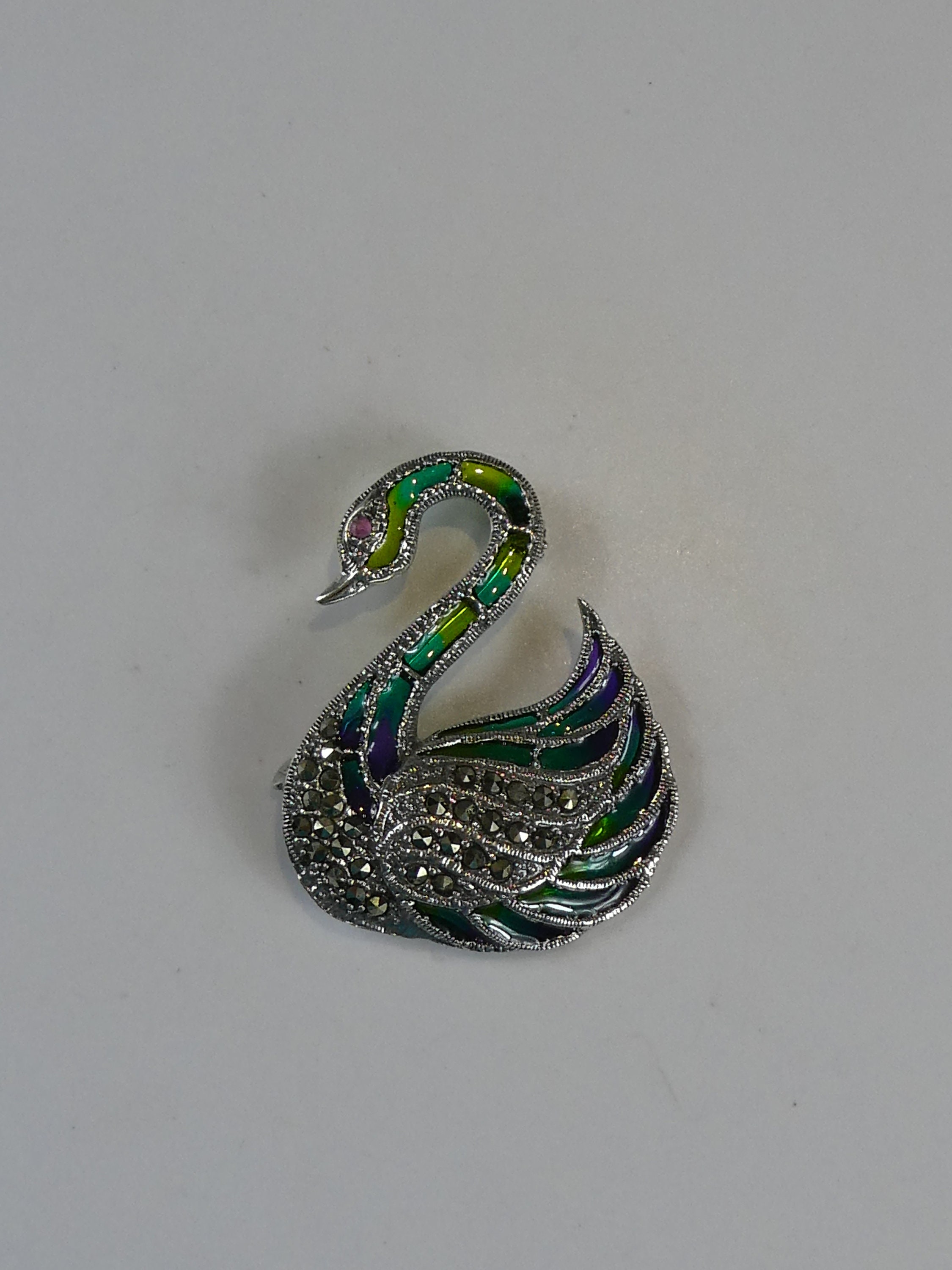 Broche Ancienne Cygne Argent Massif 925 - Marcassite Art Déco