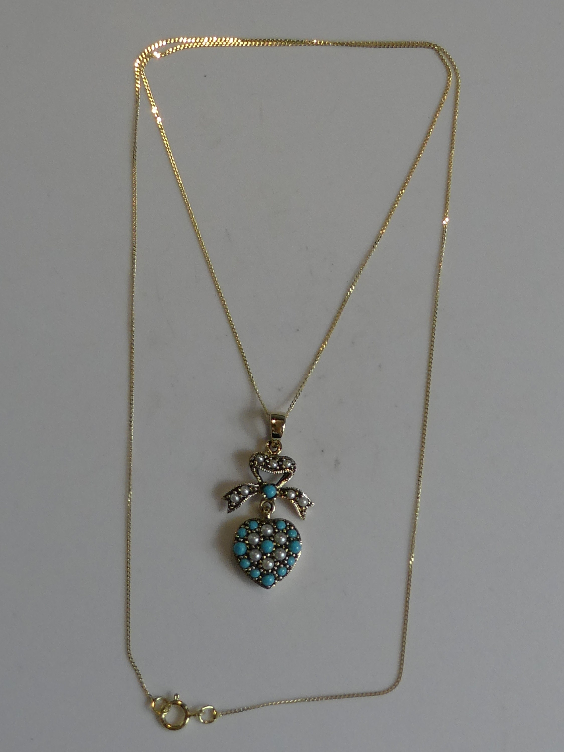 9ct Solid Gold Turquoise & Seed Pearl Set Victorian Styled