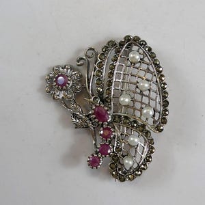 Silver Dragonfly Brooch Set With Real Rubies, Seed Pearls & Marcasites