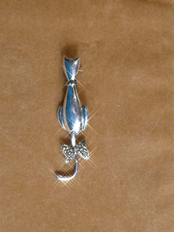 Cute Solid Silver Swing Tail Cat Brooch - image 2
