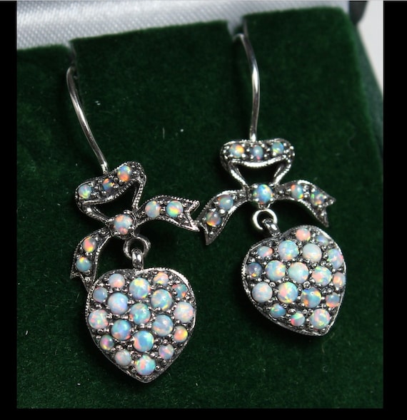 Pretty Opal Heart Shaped Victorian Style Drop Earrings Etsy