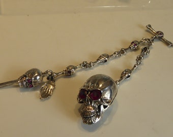 Solid Silver Skull Watch Chain ,Key & Box