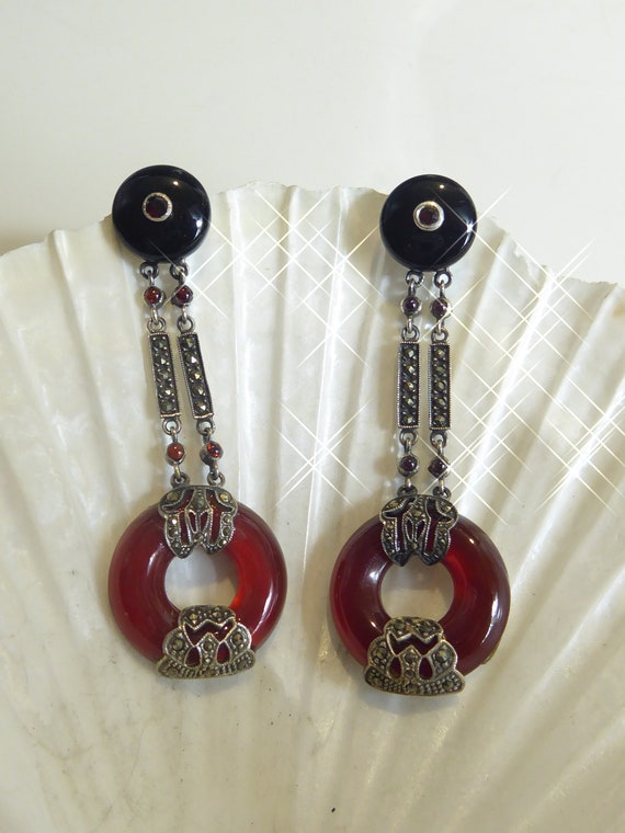 Fine Pair Silver Art Deco Style Long Drop Onyx,Ga… - image 5