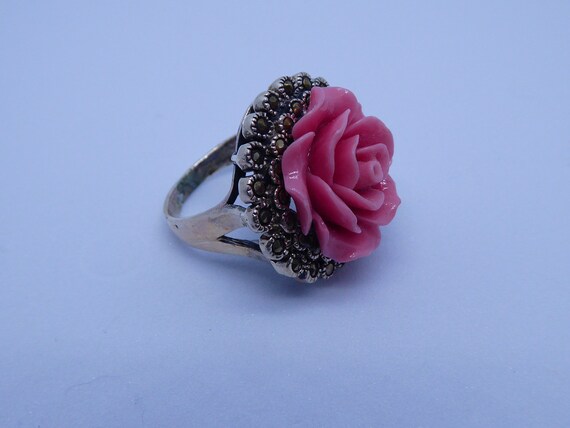 Pretty Solid Silver Marcasite Pink Rose Flower Ri… - image 3