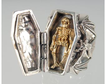 Heavy Solid Silver Gothic Opening Coffin Bat Ring With Skeleton