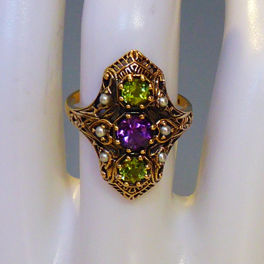 Fine 9ct Gold Amethyst peridot Pearl Suffragette Styled Ring