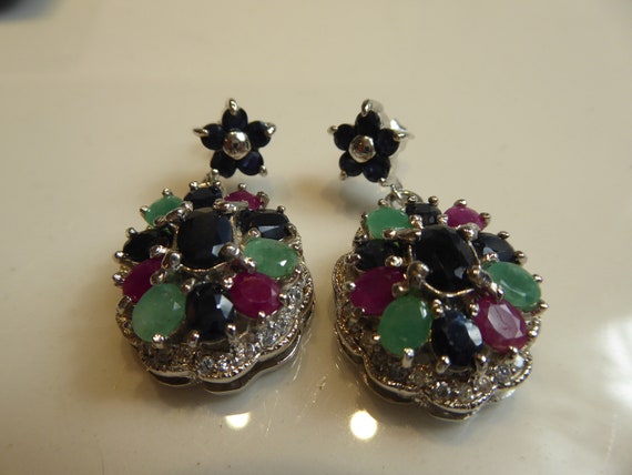 Silver real Emerald,Ruby,Sapphire set drop cluste… - image 6