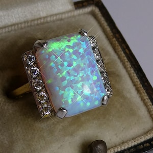 Silver Vermeil Art Deco Opal & CZ Set Ring