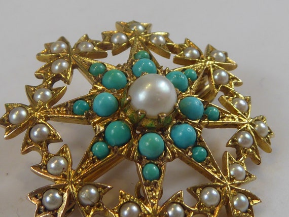 Broche Vintage étoile En Strass Orange Et Perles Turquoise - Alliage - Occasion