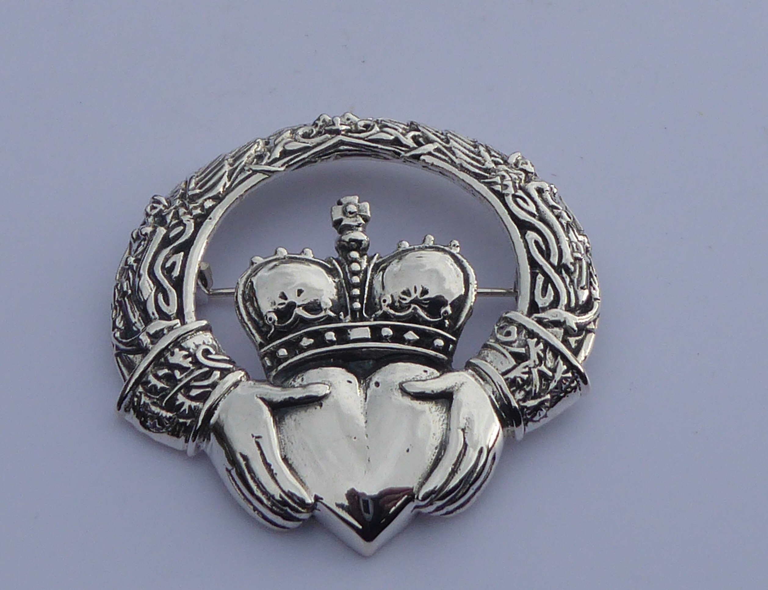 Large Solid Silver Claddagh Heart Crown Hand Brooch. Etsy