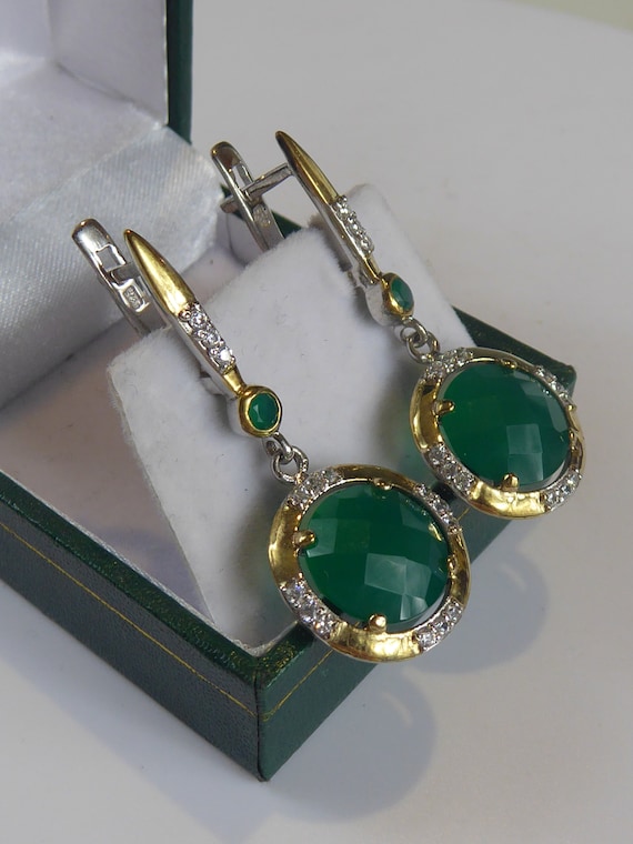 Fine Pair Silver Gold Green Chalcedony Set Art Dec