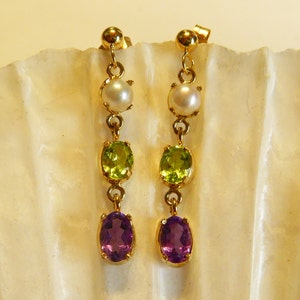 Fine Pair 9ct Gold Suffragette Colour Peridot, Pearl,Amethyst dangle Earrings