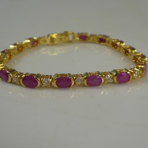 Solid Silver 18ct Gold Real Ruby & Cubic Zirconia Set Tennis Line Bracelet