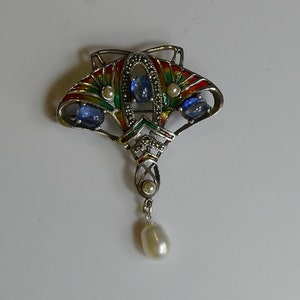 Fine Silver Plique a Jour Enamel sapphire, pearl  Set Art Nouveau style Brooch