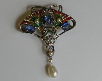 Fine Silver Plique a Jour Enamel sapphire, pearl  Set Art Nouveau style Brooch
