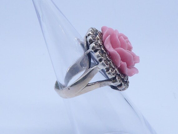 Pretty Solid Silver Marcasite Pink Rose Flower Ri… - image 2