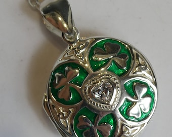 Silver Enamel Shamrock Locket Necklace, Celtic Jewellery, Clover Pendant Locket On Silver Chain