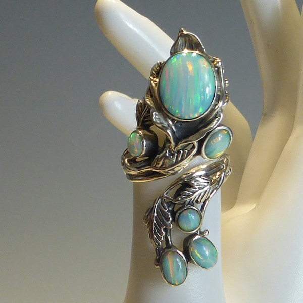 Fine solid Silver & Real Opal Set Art Nouveau Design Ring