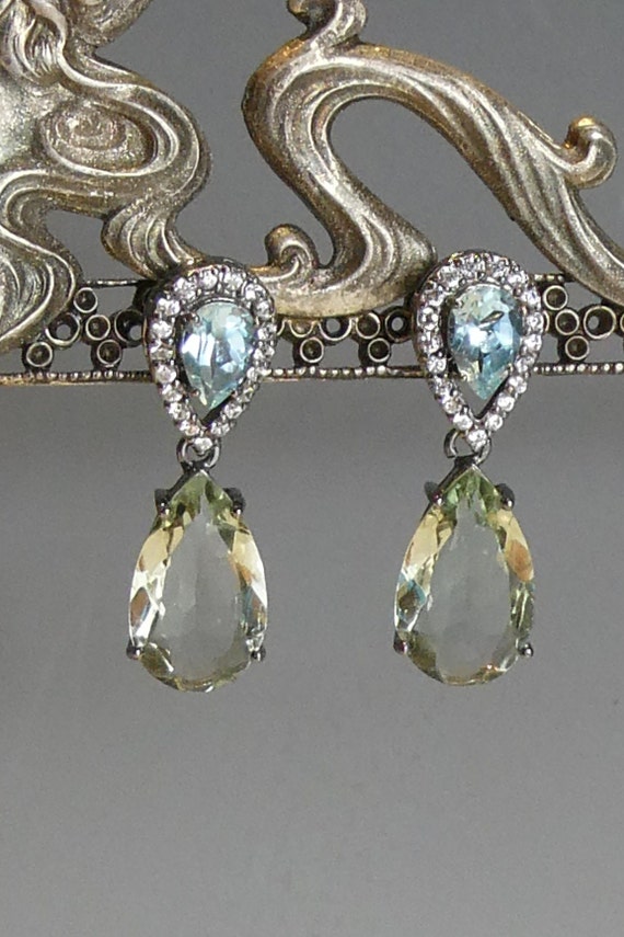 Fine pair Antiqued Silver Blue Topaz & Green Ameth