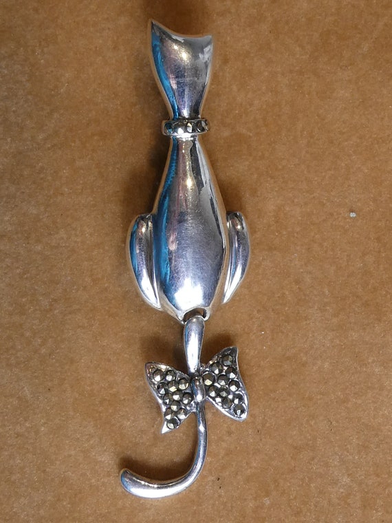 Cute Solid Silver Swing Tail Cat Brooch - image 5