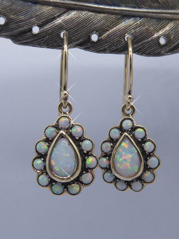 9ct Solid Gold Pear shape drop Opal Earrings - image 2