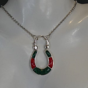 Solid Silver Coral & Malachite Set Horseshoe Lock Necklace