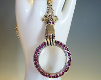 Solid Silver Georgian Style Hand Magnifying Glass pendant On Heavy silver Chain