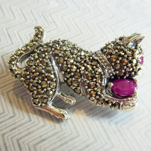 Solid Silver Real Ruby and Marcasite set Cat Brooch RESERVED