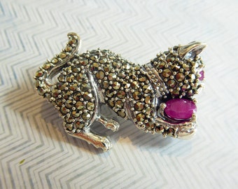 Solid Silver Real Ruby and Marcasite set Cat Brooch