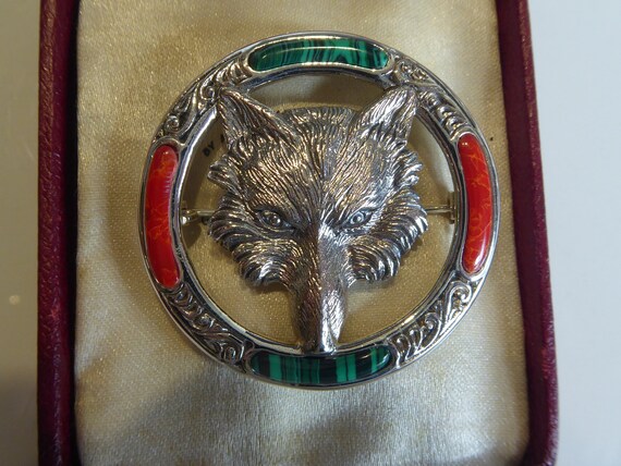 Solid Silver Scottish styled coral & Malachite se… - image 1