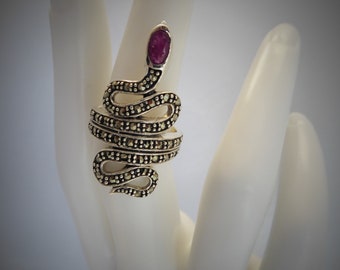 Silver Marcasite and real ruby set coiled snake ring