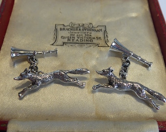 Fine Pair Solid Silver Fox & Bugle Hunt Cufflinks