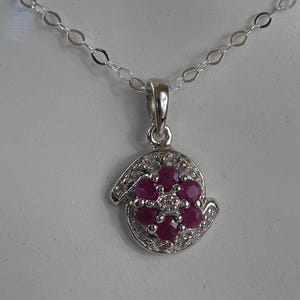 Pretty Silver Real Ruby & Diamond cluster Pendant Necklace