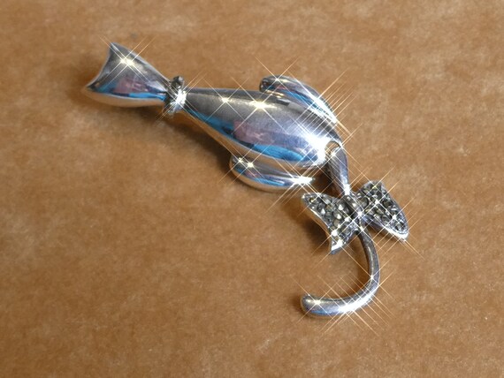 Cute Solid Silver Swing Tail Cat Brooch - image 8