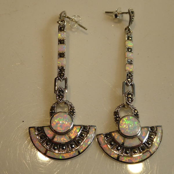 Fine Silver Opal and Marcasite Set Art Deco Style long Drop Earrings