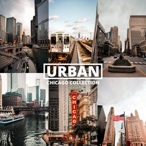 Könnte beinhalten: Eine Collage von urbanen Szenen aus Chicago. Die Bilder zeigen Stadtlandschaften mit Wolkenkratzern, einen Zug auf erhöhten Gleisen, einen Fluss mit einem Boot und das Schild des Chicago Theatre. Der Text lautet "URBAN CHICAGO COLLECTION."