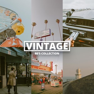 May include: A collage of vintage images with a retro aesthetic. The images include a Ferris wheel, a roadside sign, a car interior with a cassette tape, a cafe, a diner, and a lighthouse. The text "VINTAGE 80'S COLLECTION" is overlaid.