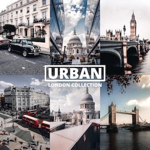 Könnte beinhalten: Eine Collage von Bildern, die berühmte Londoner Sehenswürdigkeiten zeigen, darunter Big Ben, die Tower Bridge und die St. Paul's Cathedral. Die Bilder sind in einem Raster angeordnet mit dem Titel "URBAN LONDON COLLECTION".