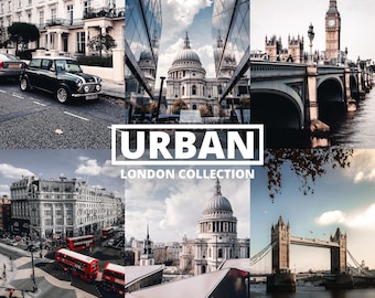 May include: A collage of images showcasing iconic London landmarks, including Big Ben, the Tower Bridge, and St. Paul's Cathedral. The images are arranged in a grid pattern with a title that reads "URBAN LONDON COLLECTION".