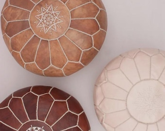 Genuine Leather Moroccan Pouf - Round Floor Ottoman, Boho Chic Home Decor, Handmade Embroidered Leather Cushion Cover